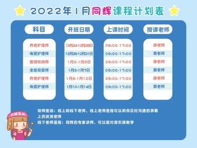 同輝家政培訓(xùn)中心2022年1月培訓(xùn)課程計劃表